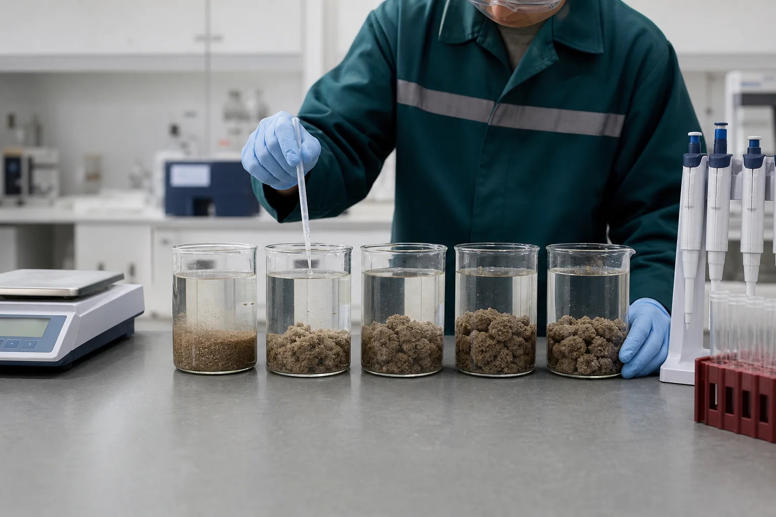 Technician comparing floc formation in a series of sludge samples
